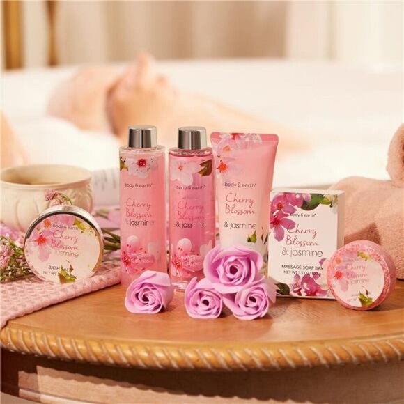 Bath Gift Sets for Women, 8 Pcs Cherry Blossom & Jasmine Spa Baskets, Beauty - Picture 3 of 5